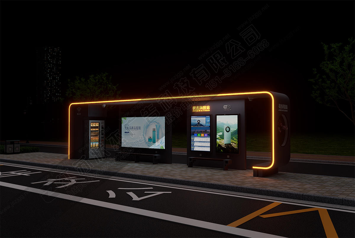 公交站臺夜景圖