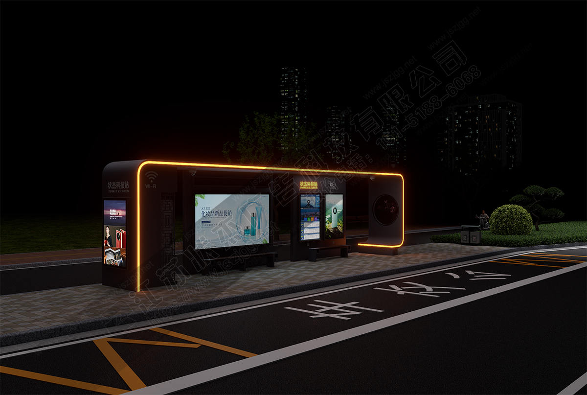 公交站臺夜景圖